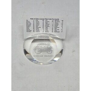 VINTAGE WELLS FARGO CLEAR GLASS PAPERWEIGHT BUSINESS CARD HOLDER STAGECOACH BANK